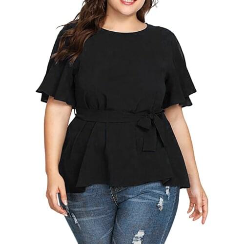 Womens Solid Blouse 2021 Fashion Summer Casual Short Sleeve O Neck Shirt Ladies Elegant Dating Knot Blouse Tops #T1P