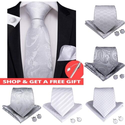 DiBanGu Luxury 8 Styles White Floral Men Gift Tie Clip 100% Silk Silver Ties Hanky Cufflinks Tie Wedding Business Party Tie Set