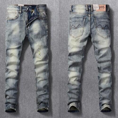Italian Style Fashion Men Jeans Retro Yellow Blue Wash Elastic Slim Fit Ripped Jeans For Men Vintage Designer Casual Denim Pants
