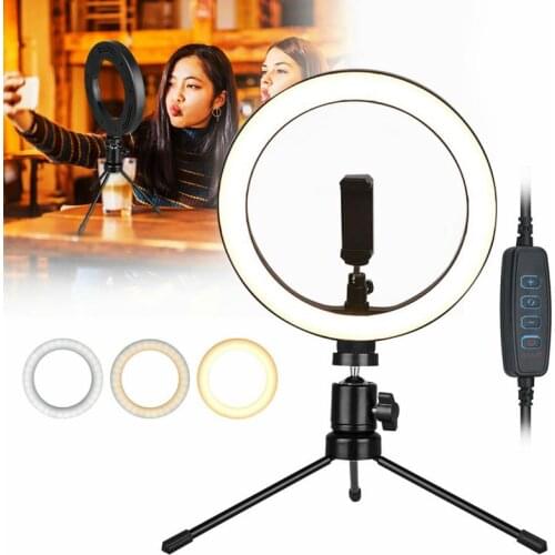10 Inch Selfie Ring Light with Tripod Stand & Cell Phone Holder for Live Stream Makeup Mini Led Camera for YouTube