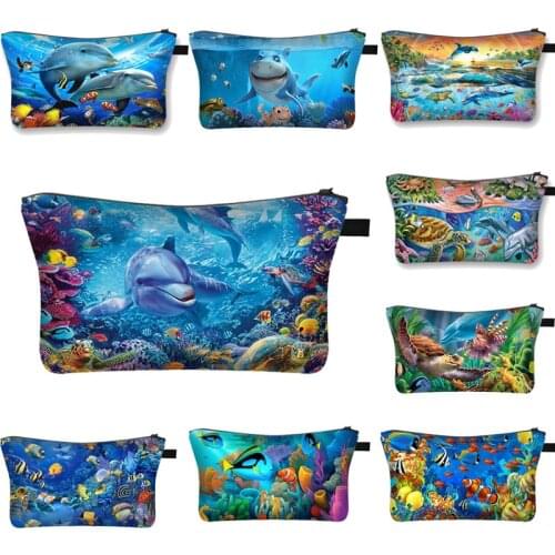 Shark/Dolphin/Turtle Cosmetic Bags woman Fashion Travel Storage Bag Ladies Underwater World design Handbag girls makeup bags