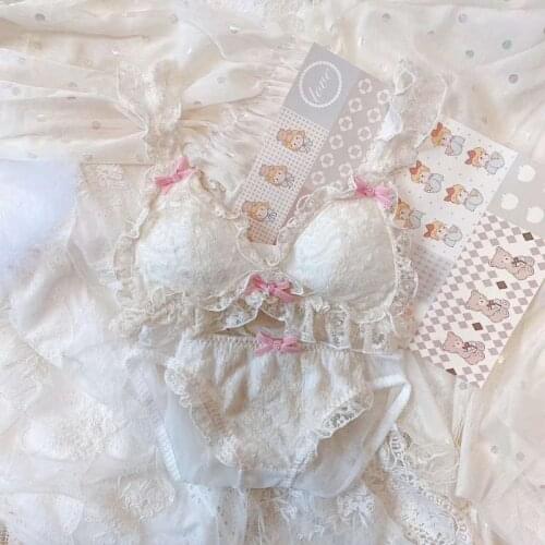 Cute Japanese Lace Bra and Panty Set Lolita Underwear Women Thin Wire Free Cat Bra Kawaii Lingerie Bralette Panties Intimates