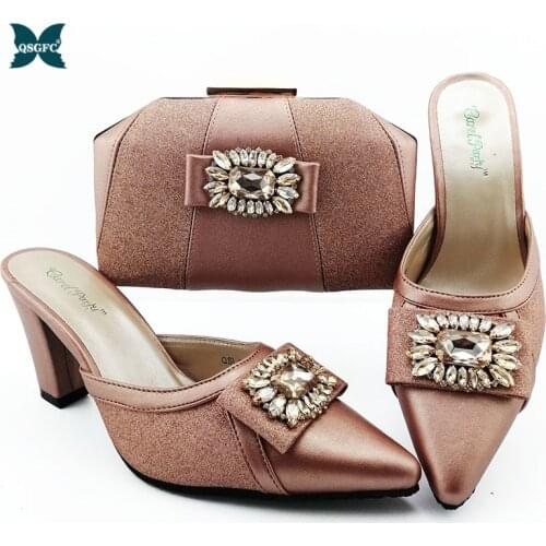 Fashion Italian design Shoes With Matching Clutch Bag Hot African Wedding With High Heel Sandals and Bag Set in Peach Color