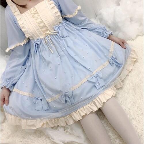 Sweet Pink Blue Lolita Dress Angel Sweet Retro Dress Cute Bow Pearl Ruffles Princess Dress Fairy Kawaii Girl Gothic Lolita Dress