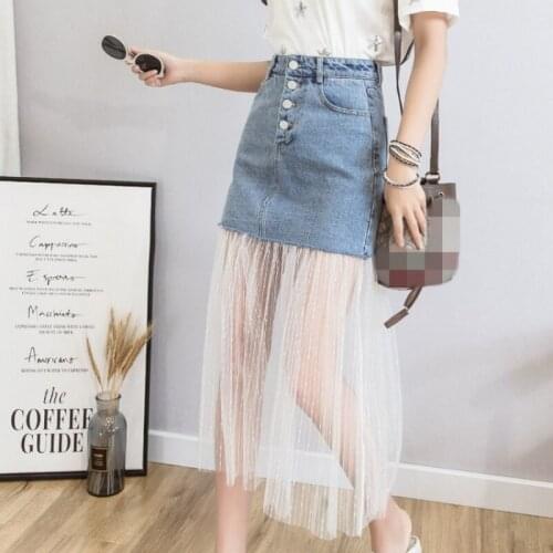 Mesh Denim Patchwork Skirts Womens Summer Fashion High Waist A-Line Jeans Skirt Street Style Preppy Button-Up Faldas Mujer