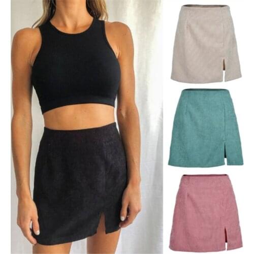 2021 Autumn Winter Cross Border European American Womens High Waist Corduroy Solid Color Split A-shaped Skirt Girl Black