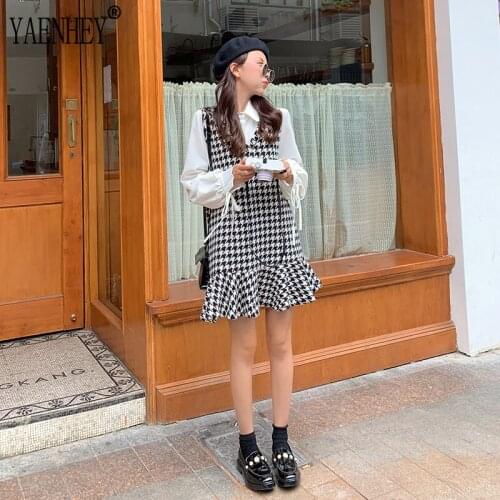 Women Suits 2021 Autumn Plaid Sleeveless Tank Dress + Puff Sleeve White Shirts Ladies Two Piece Sets Sexy Dress Women