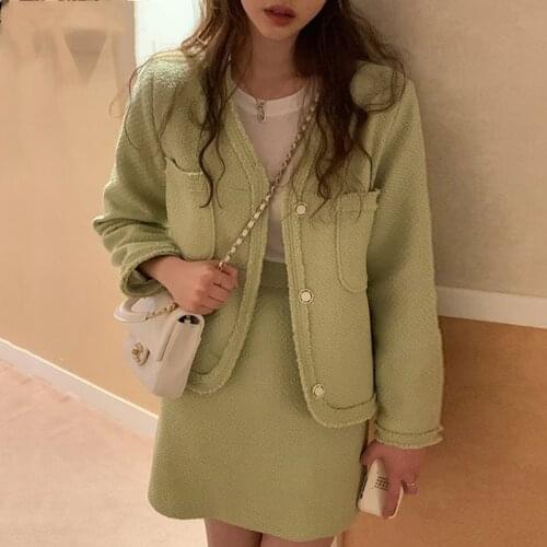 Autumn Tweed Two Piece Set Women Skirt Korean Fashion Long Sleeve Jacket + Mini Skirt Suits Ensemble Femme 2 Pieces Outfits