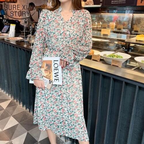 Korean Style Floral Print Casual Dresses Spring New V-neck Vintage Dress Women Long Sleeve Chiffon Dress Vestidos Mujer 13195