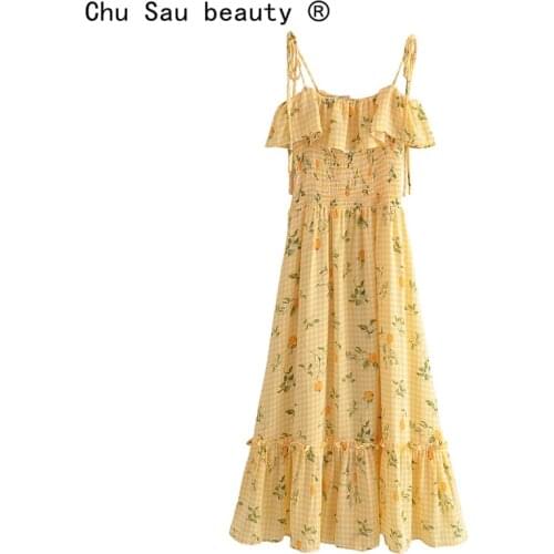 New Fashion Holiday Vintage Plaid Floral Printed Chiffon Summer Midi Dress Women Street Style Ruffles Sling Dresses Female