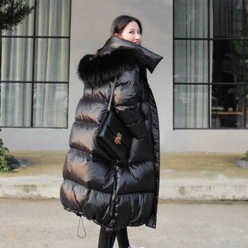 Women Winter White Duck Down Hooded Jacket Coat Fur Collar Long Parkas Female Loose Thick Warm Outwear Female Loose Down Coat