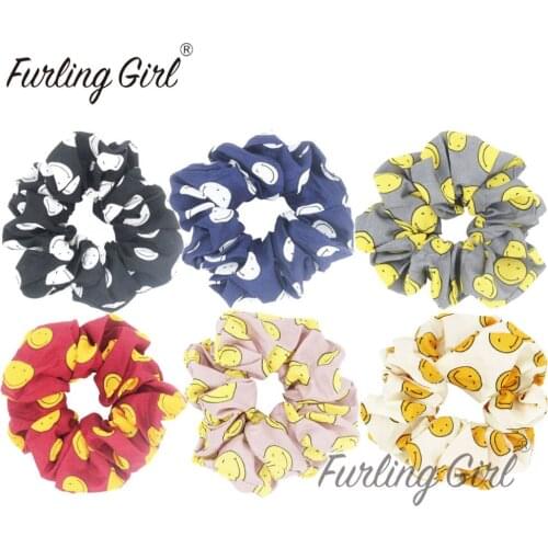 Furling Girl 1PC Smile Face Printing Fabric Hair Scrunchies Ponytail Holder Hair ties Gum Elastic Hair Bands