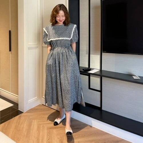 2021 Summer Woman Sweet Peter Pan Colar Short Sleeve Mori Girl Dress Korean Chic High Waist Loose Floral Dress Boho Cottagecore