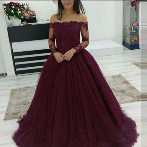 2021 Elegantes Burgundy Long Sleeve Prom Dress Ball Gown Court Train Custom Made Vestidos De Fiesta De Noche Largos