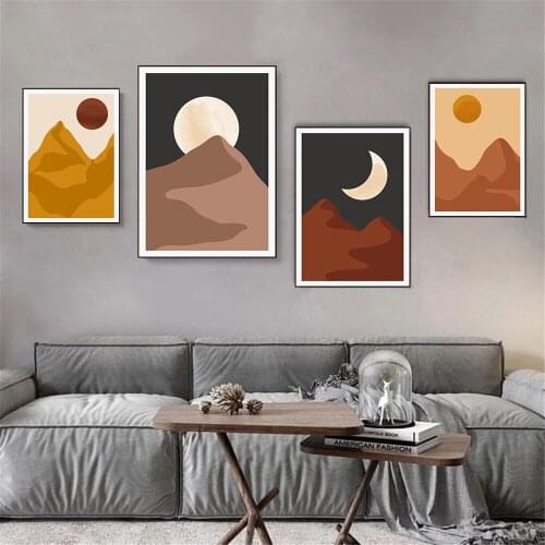 Abstract Desert Landscape Wall Art Canvas Painting Sun And Moon Poster Boho Mountain Print Wall Pictures Living Room Home Decor
