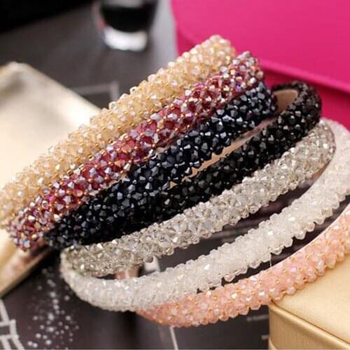 Shiny Rhinestone Hair Band Women Crystal Hair Hoop Handmade Fish Line Beaded Light Pink Fashion Black Shiny Rhinestone Headband