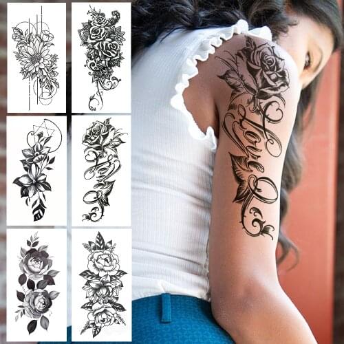 Big Sexy Peony Flower Temporary Tattoo For Women Bloosom Lily Fake Tattoos Sticker Black Camellia Waterproof Tatoo Body Arm Back