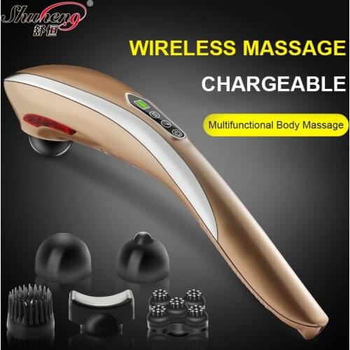 Electric Handheld Massager Hammer Vibrating Double Head Neck Back Body Cervical Vertebra Relax Stick Roller With 5 Massage Heads
