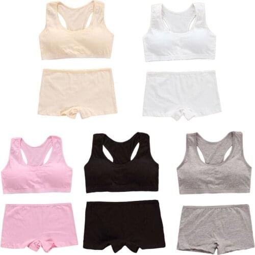 Teens Girls Sports Bra Set Puberty Underwear Cotton Training Bra with Briefs K1MA