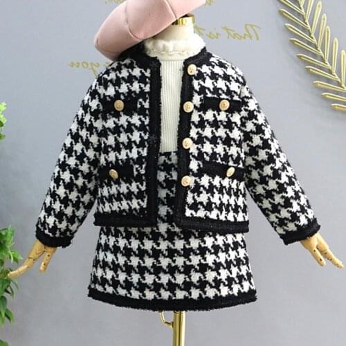 Girls Sets ChildrenS Clothing Autumn Winter New Plaid Korean Student Suit Knit Cardigan Sweater+ Short Skirt 2pcs Kids Outfits
