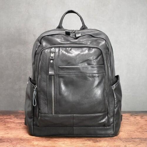 Korean Fashion Multi-Zips Genuine Leather Mens Backpack
