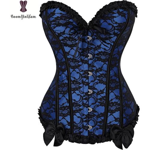 Lace Trimmer Corset Overbust Gothic Gorset Fish Boned Korse Solid Red Blue Pink Beige Korset Top Plus Size 6XL Slimming Bustier