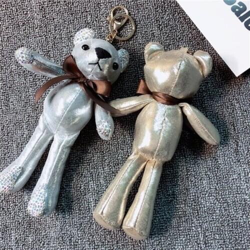 Cute Fluffy Car Pendant Keychain Cute Leather Bow Crystal Rhinestone bear Key Chain Rings For Women Bag Accessories Car Keyring