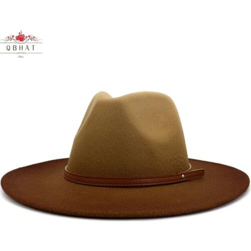 QBHAT Fashion Women Gradient Color Brown Belt Decoration Big Brim Wholesale Fedora Felt Hats Unisex Jazz Party Formal Hat