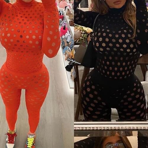 Fashion Kintted 2 Piece Sets Women Tracksuit Sexy See-Through Breathable Net Long Sleeve Shirt And Trouser Street Club Sport Set
