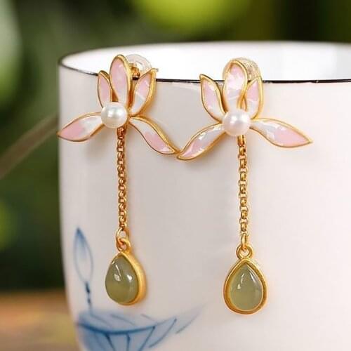 New silver inlaid natural Hetian jade lotus earrings hypoallergenic earrings free shipping clearance sale womens jewelry