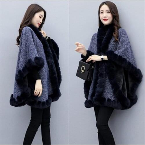 Plus Velvet Thick Shawl Jacket 2021 Winter New Womens Fashion Knitted Cloak Cape Cardigan Loose Oversized Faux Fur Overcoat e154