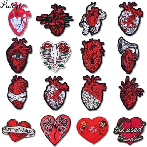 Pulaqi Punk Red Hearts Stripe Embroidered Patches for Clothing Stickers Iron-on Heart Patch on Clothes Applique Badge on Garment