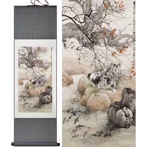 Cats and fish silk art painting Chinese Art Painting Home Office Decoration Chinese cats painting