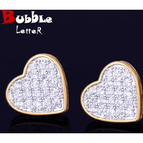 14MM Width Heart-shaped Gold Color Stud Earring For Men Women Full Cubic Zircon Screw Back Earrings Fashion Hip Hop Jewelry Gift