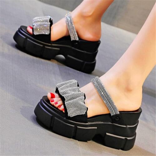 Slippers Women Rhinestone Leather Platform Wedge Sandals High Heels Gladiators Open Toe Party Pumps 34 35 36 37 38 39