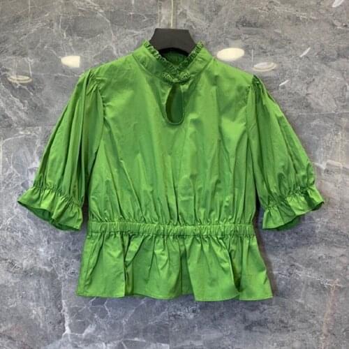 Crop Tops 2021 Spring Summer Fashion Green Yellow Blouses Women Elastic Waist Short Sleeve Casual Cotton Tops Blouse Ladies