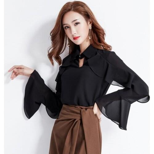 2019 New Spring Autumn Ladies Women Red Black Ruffles Flare Long Sleeve Chiffon Blouse Shirt , Woman Female Xxl Blouses Shirts
