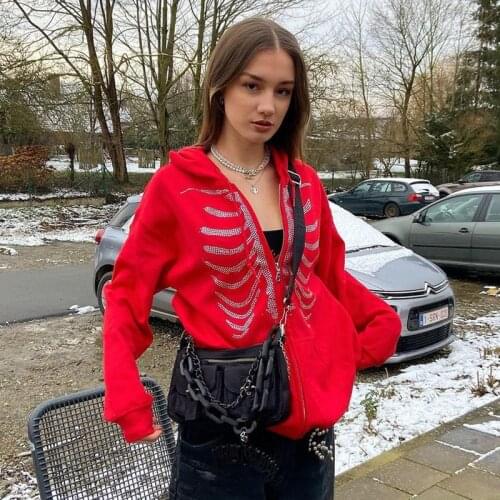 Zip-up Y2K Rhinestone Skeleton Oversized Sweatshirts 2021 Autumn Goth Hoodies Women Grunge Hooded Jacket Streetwear Retro Clothe