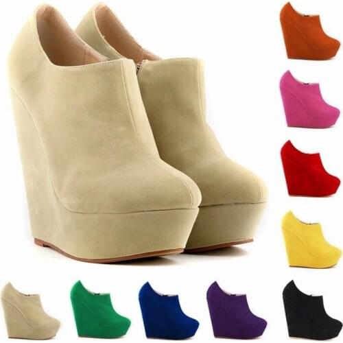 Female Snow Boots Winter Boots women Zip Flock Ankle Basic Round Toe Super High 14CM Wedges Solid women boots black Beige red