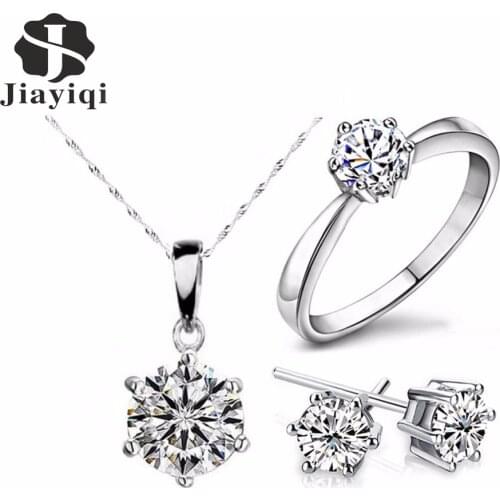 2020 Hot Sale Silver Color Fashion Jewelry Sets Cubic Zircon Statement Necklace & Earrings Rings Wedding Jewelry for Women Gift