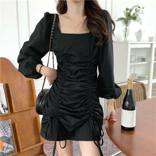 Draped Mini Dress Women Casual OL Style Lace-up Long Sleeve Y2k Party Square Collar Korean 2021 Autumn Office Lady Vestidos