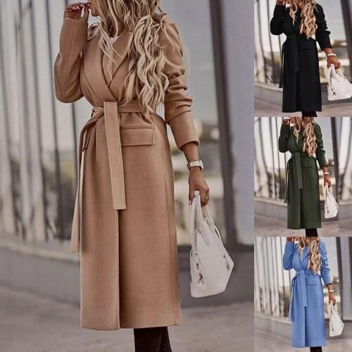 Autumn Winter Women Lapel Long Sleeve Outerwear Solid Color Belt Coat Jacket