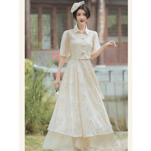 Ladies Lace Dress Two Piece Set Summer Temperament Lapel Chic Mesh Puff Sleeve Tops + Lace Crochet Elegant Skirt