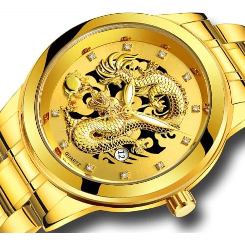 Gold Watch Men Wristwatch Steel Waterproof Business Quartz Dragon Watch Non-automatic Date Male Watch Reloj Hombre Mens Watches