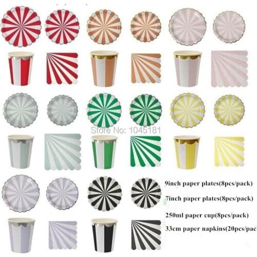 Gold Silver Foil Paper Plates Cups Napkins Disposable Wedding Tableware Decorations More Colors Striped Party Set for Birthday