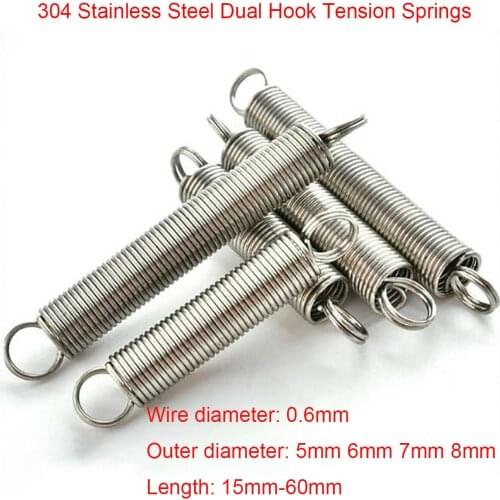 10Pcs 0.6mm Wire Dia 304 Stainless Steel Dual Hook Tension Extension Spring Outer Dia 5 / 6 / 7 / 8mm Length 15mm - 60mm