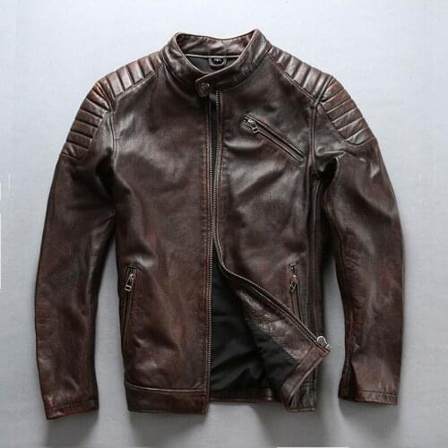 Biker Mens Male Casual Genuine Cow Stand Collar Motorcycle Jacket Fashion Zipper Real leather Coat