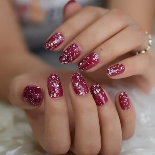 Bling Jewelry Glitter Rose Purple Red False Nail Silver Holo Paillette Round Fake Nails Press on UV Gels Full Cover Nail Art Tip