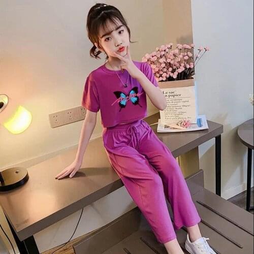 Kids Summer Clothes Solid Color Suit For Girls Tshirt + Pants Outfit For Girls Casual Style Tracksuits For Children