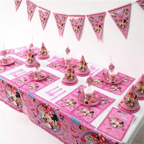 Hot Disney Cartoon Minne Mouse Theme Tablecloth Kids Favor Pink Paper Cup Plate Horn Baby Shower Birthday Decoration Supplies